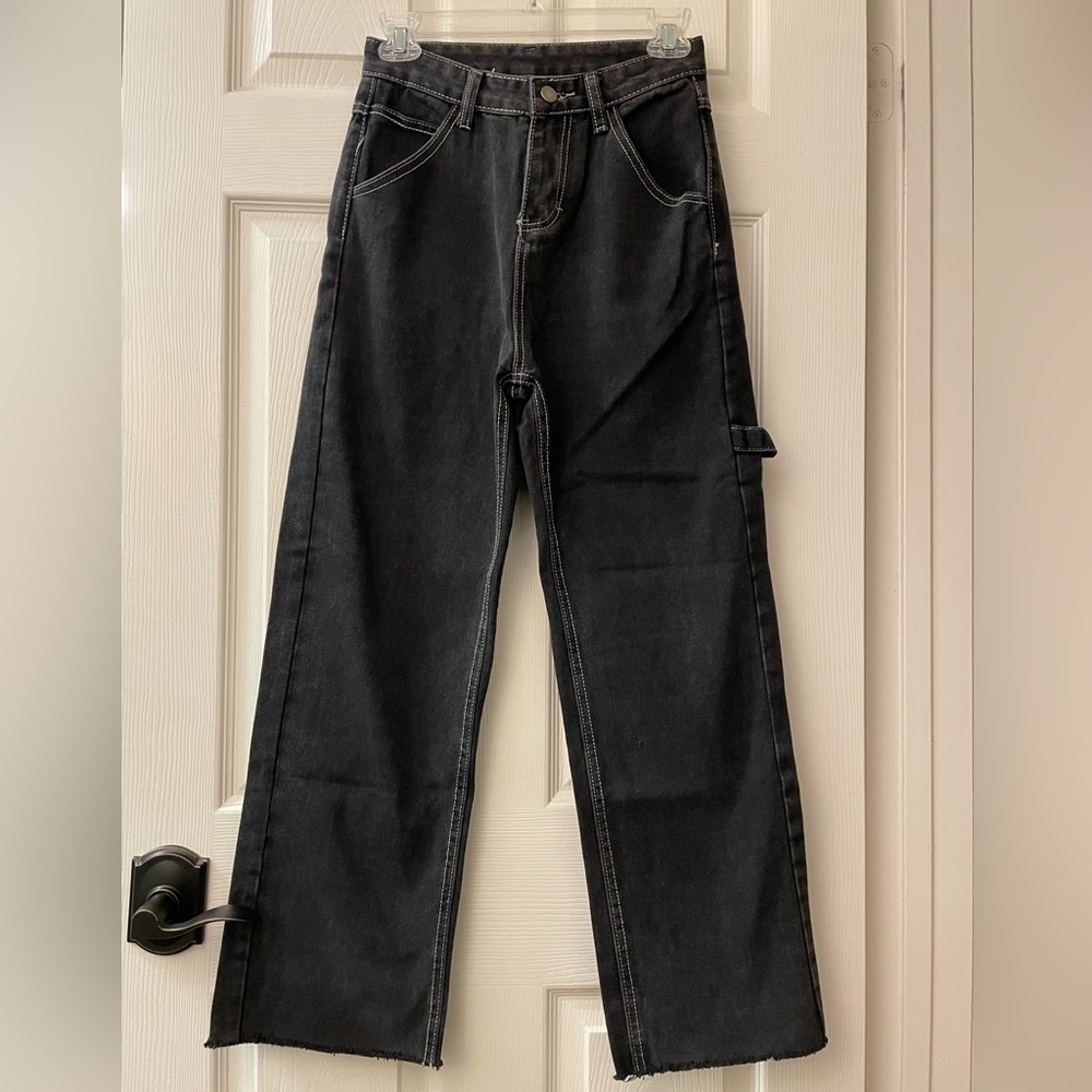 25” High Rise Wide Leg Denim Black/White Stitching Raw Hem